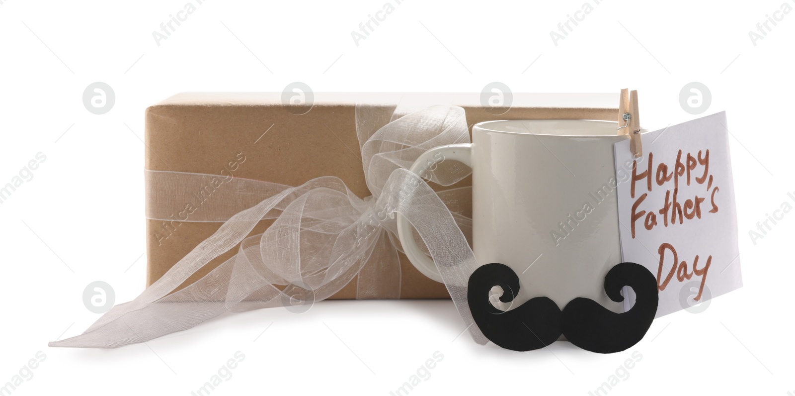Happy Father's Day card, cup with mustache and gift box isolated on white Photo of Happy Father's Day card, cup with mustache and gift box isolated on white