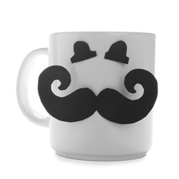 Photo of Happy Father's Day. Cup with paper face isolated on white