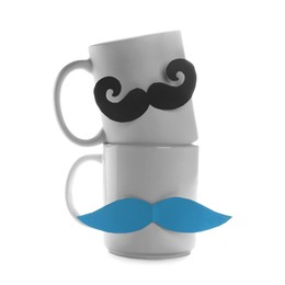 Photo of Happy Father's Day. Cups with mustaches isolated on white