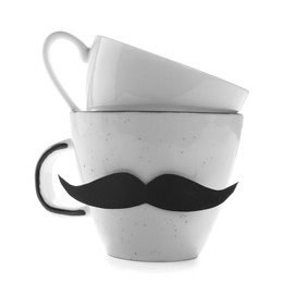 Photo of Happy Father's Day. Cups with mustaches isolated on white