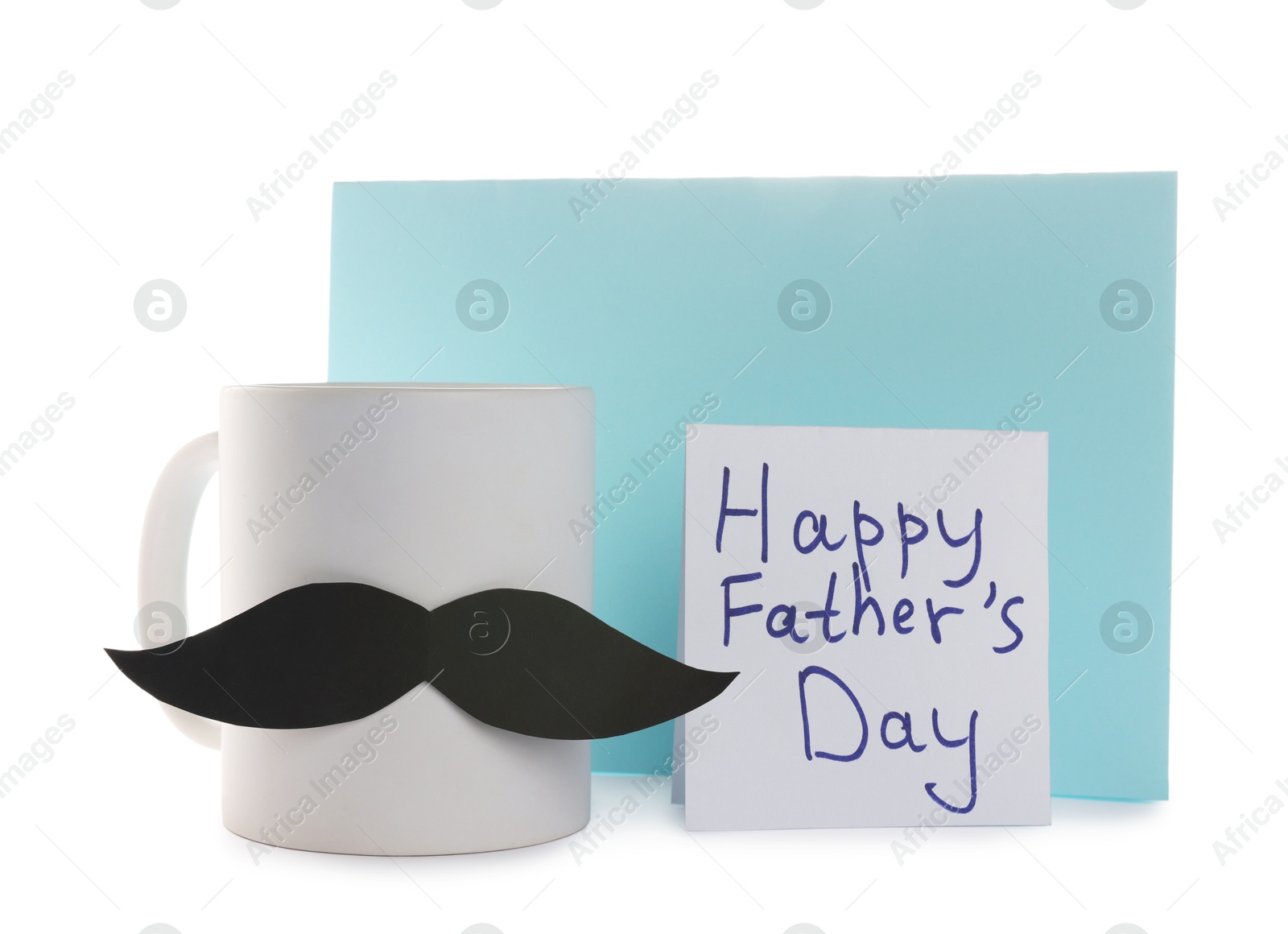 Happy Father's Day card and cup with mustache isolated on white Photo of Happy Father's Day card and cup with mustache isolated on white