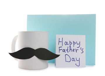 Photo of Happy Father's Day card and cup with mustache isolated on white