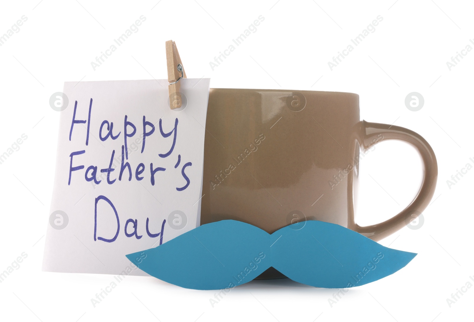 Happy Father's Day card and cup with mustache isolated on white Photo of Happy Father's Day card and cup with mustache isolated on white