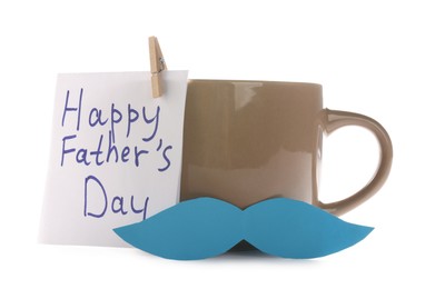 Photo of Happy Father's Day card and cup with mustache isolated on white