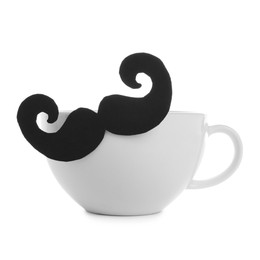 Photo of Happy Father's Day. Cup with mustache isolated on white