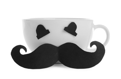 Photo of Happy Father's Day. Cup with paper face isolated on white