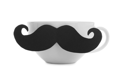 Photo of Happy Father's Day. Cup with mustache isolated on white