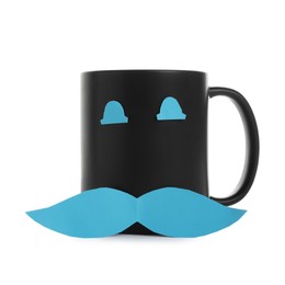 Photo of Happy Father's Day. Cup with paper face isolated on white