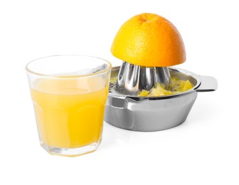 Photo of Freshly squeezed orange juice, fruit and juicer isolated on white