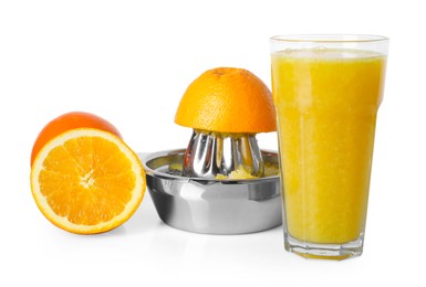 Photo of Freshly squeezed orange juice, fruits and juicer isolated on white