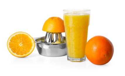 Photo of Freshly squeezed orange juice, fruits and juicer isolated on white