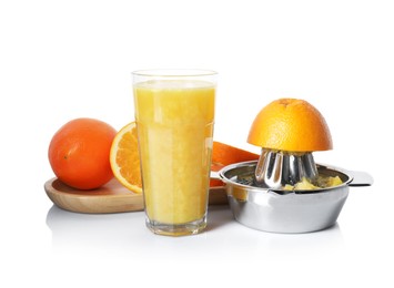 Photo of Freshly squeezed orange juice, fruits and juicer isolated on white