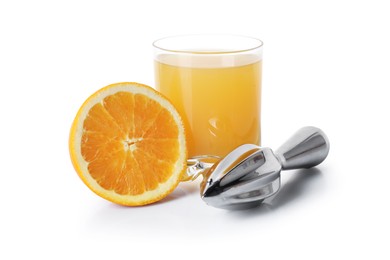 Photo of Freshly squeezed orange juice, fruit and juicer isolated on white