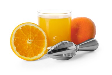 Photo of Freshly squeezed orange juice, fruits and juicer isolated on white