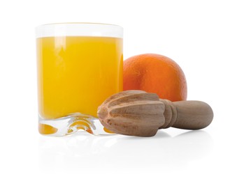 Photo of Freshly squeezed orange juice, fruit and juicer isolated on white