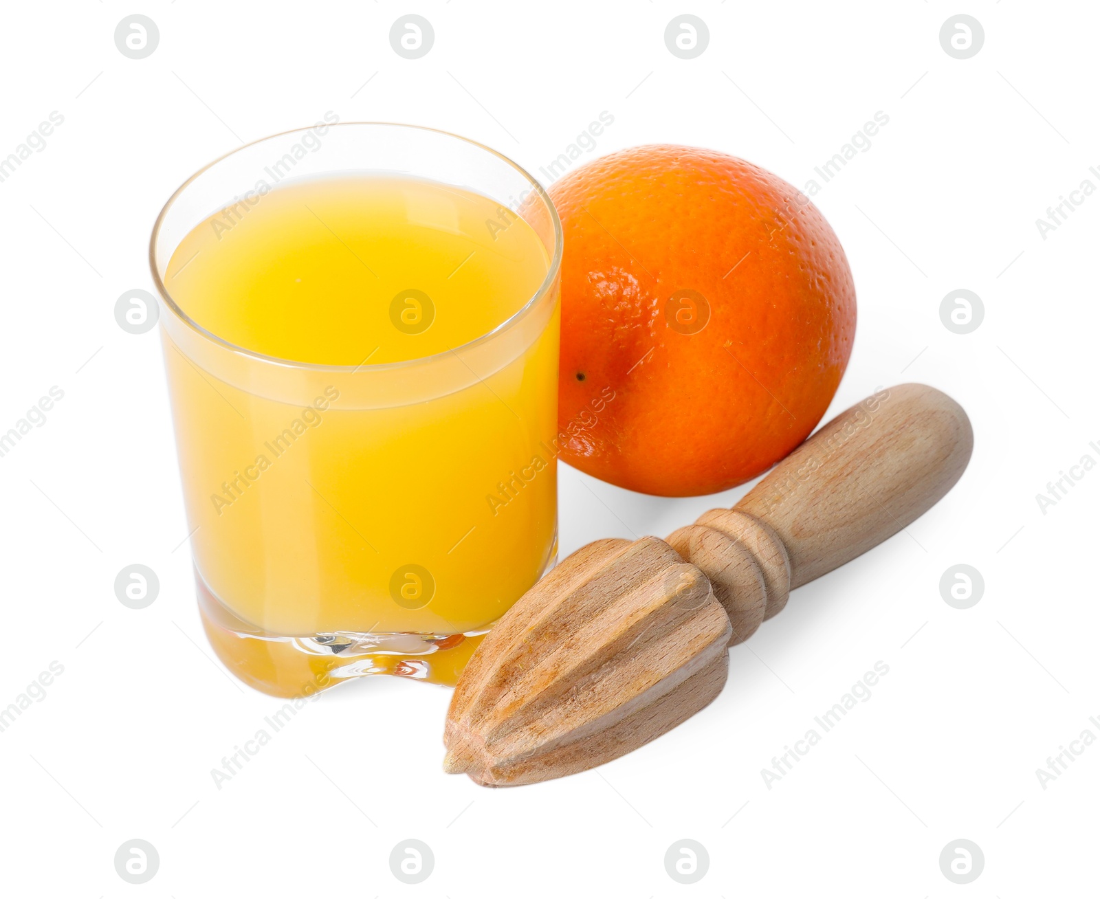 Freshly squeezed orange juice, fruit and juicer isolated on white Photo of Freshly squeezed orange juice, fruit and juicer isolated on white