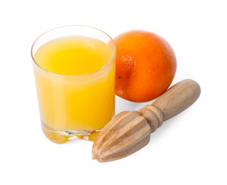 Photo of Freshly squeezed orange juice, fruit and juicer isolated on white