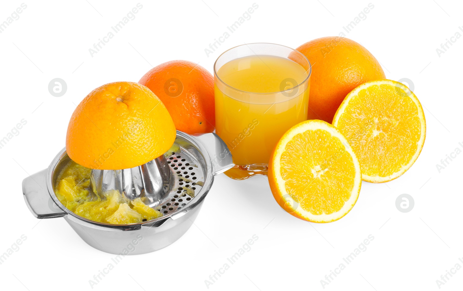 Freshly squeezed orange juice, fruits and juicer isolated on white Photo of Freshly squeezed orange juice, fruits and juicer isolated on white