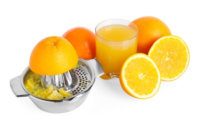 Photo of Freshly squeezed orange juice, fruits and juicer isolated on white