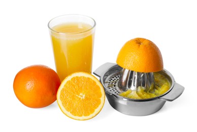 Photo of Freshly squeezed orange juice, fruits and juicer isolated on white