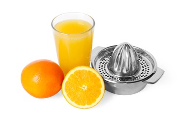 Photo of Freshly squeezed orange juice, fruits and juicer isolated on white