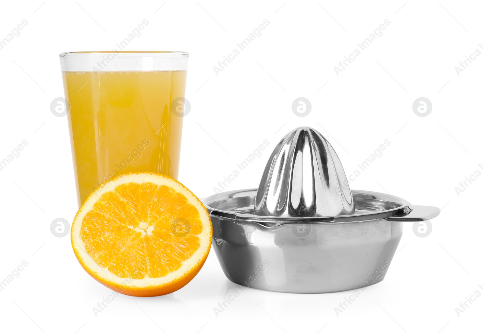 Freshly squeezed orange juice, fruit and juicer isolated on white Photo of Freshly squeezed orange juice, fruit and juicer isolated on white