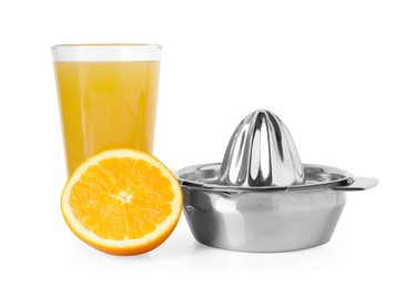 Photo of Freshly squeezed orange juice, fruit and juicer isolated on white