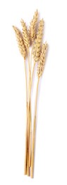 Photo of Many dried wheat ears isolated on white, top view