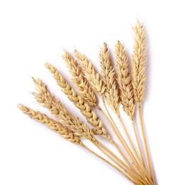 Photo of Many dried wheat ears isolated on white, top view
