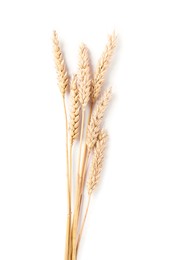 Photo of Many dried wheat ears isolated on white, top view