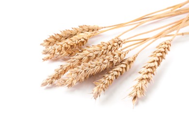 Photo of Many dried wheat ears isolated on white