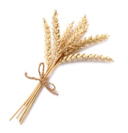 Photo of Bunch of dried wheat ears isolated on white, above view