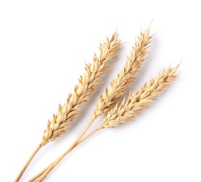 Photo of Many dried wheat ears isolated on white, top view