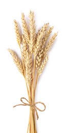 Photo of Bunch of dried wheat ears isolated on white, top view