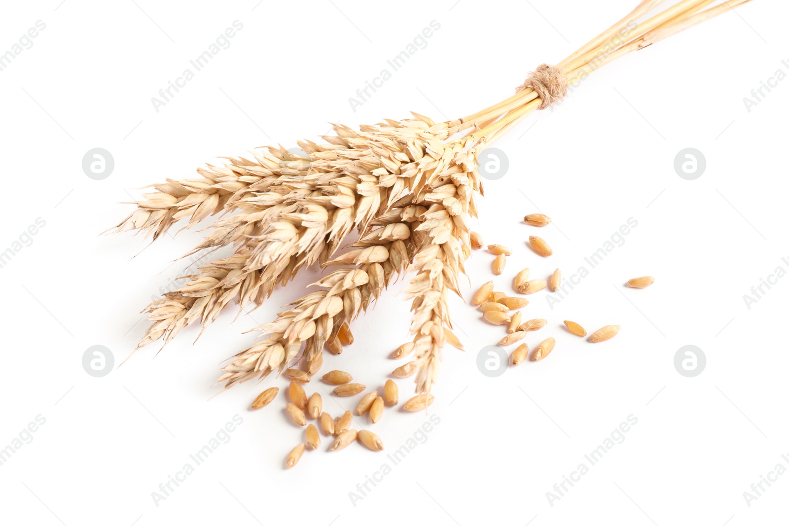 Bunch of wheat ears and seeds isolated on white Photo of Bunch of wheat ears and seeds isolated on white