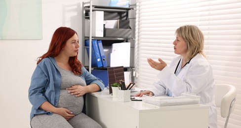 Photo of Pregnant woman having appointment with doctor in clinic