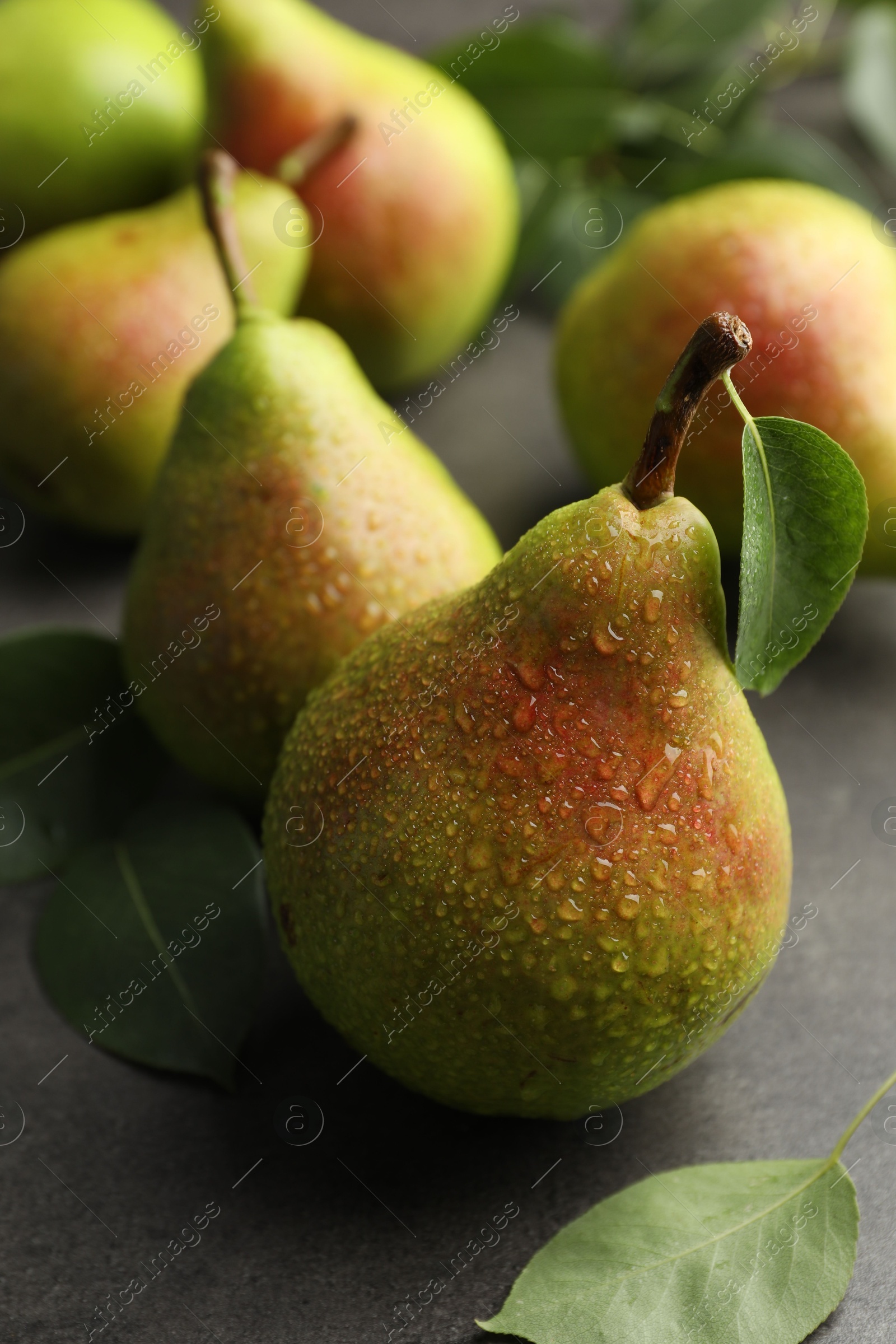 Photo of Fresh ripe pears and green leaves on grey table, closeup