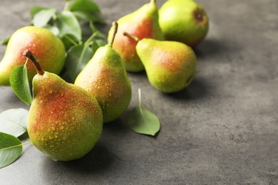 Photo of Fresh ripe pears and green leaves on grey table, closeup. Space for text