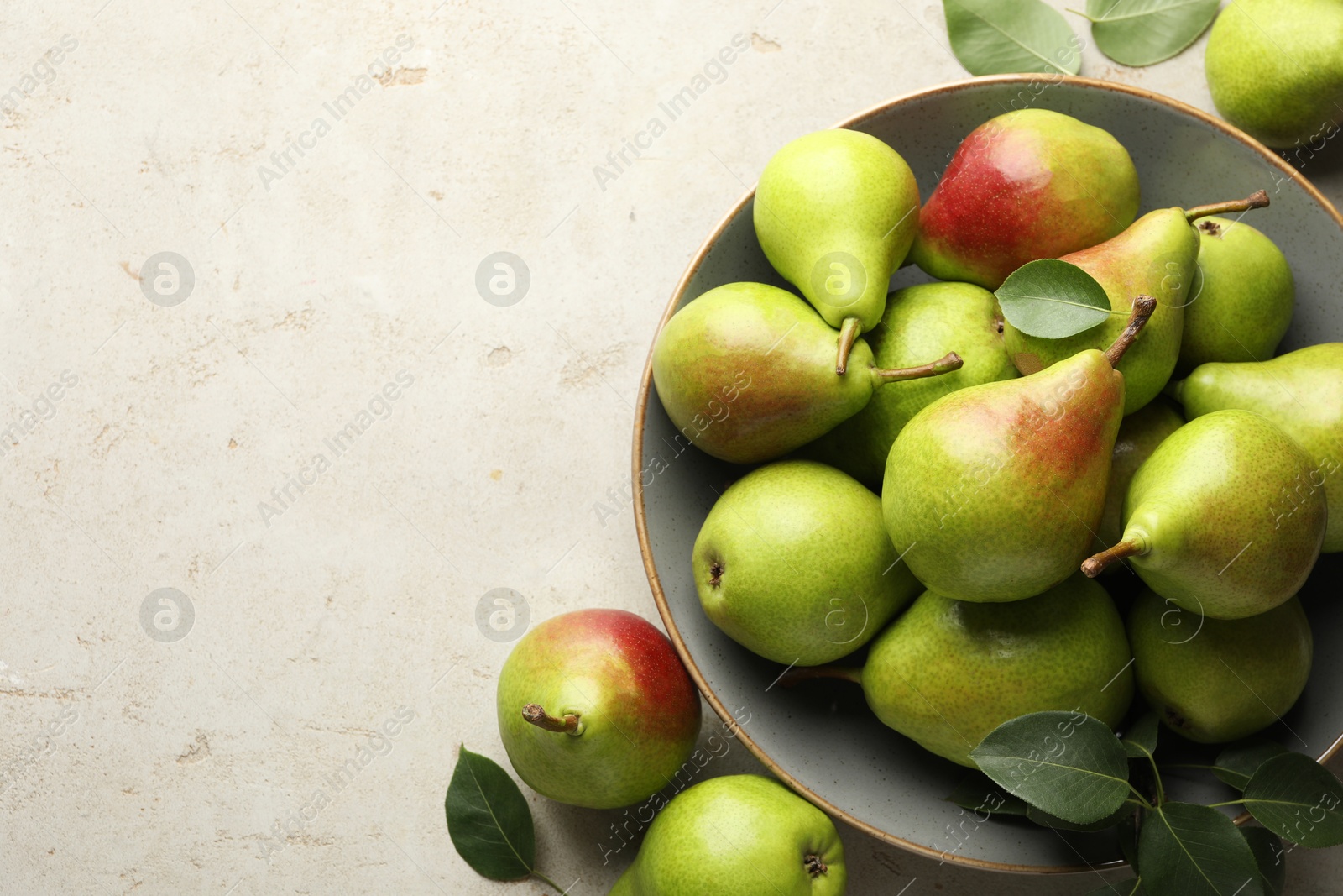 Photo of Fresh ripe pears and green leaves on light grey table, flat lay. Space for text