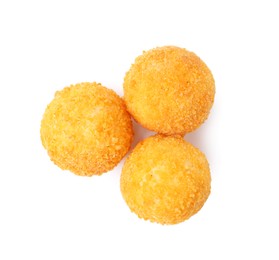 Photo of Delicious fried croquette balls isolated on white, top view