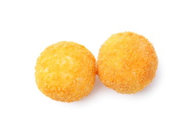Photo of Delicious fried croquette balls isolated on white, top view
