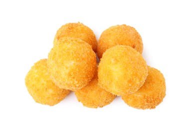 Photo of Delicious fried croquette balls isolated on white, top view