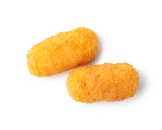 Photo of Delicious fried croquettes isolated on white, top view