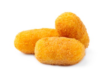 Photo of Many delicious fried croquettes isolated on white