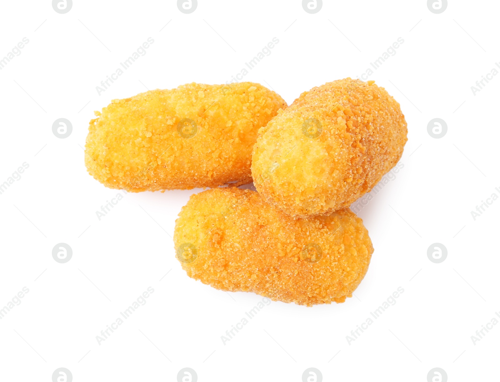 Photo of Delicious fried croquettes isolated on white, top view