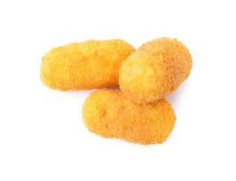 Photo of Delicious fried croquettes isolated on white, top view