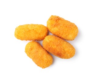 Photo of Delicious fried croquettes isolated on white, top view