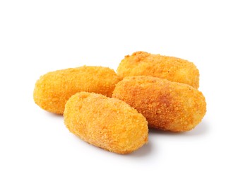 Photo of Many delicious fried croquettes isolated on white