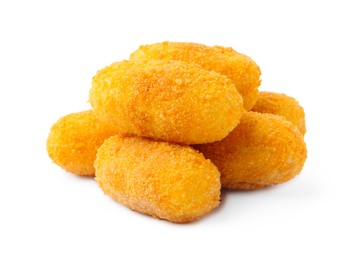 Photo of Many delicious fried croquettes isolated on white