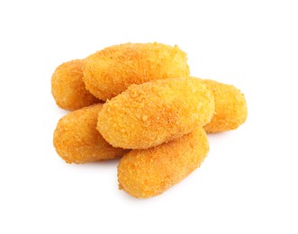 Photo of Many delicious fried croquettes isolated on white